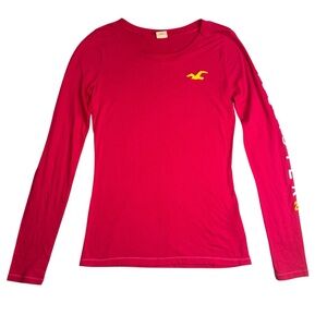 Hollister Pink Long Sleeve Logo Shirt Yellow Seagull Womens Size M Y2K Preppy
